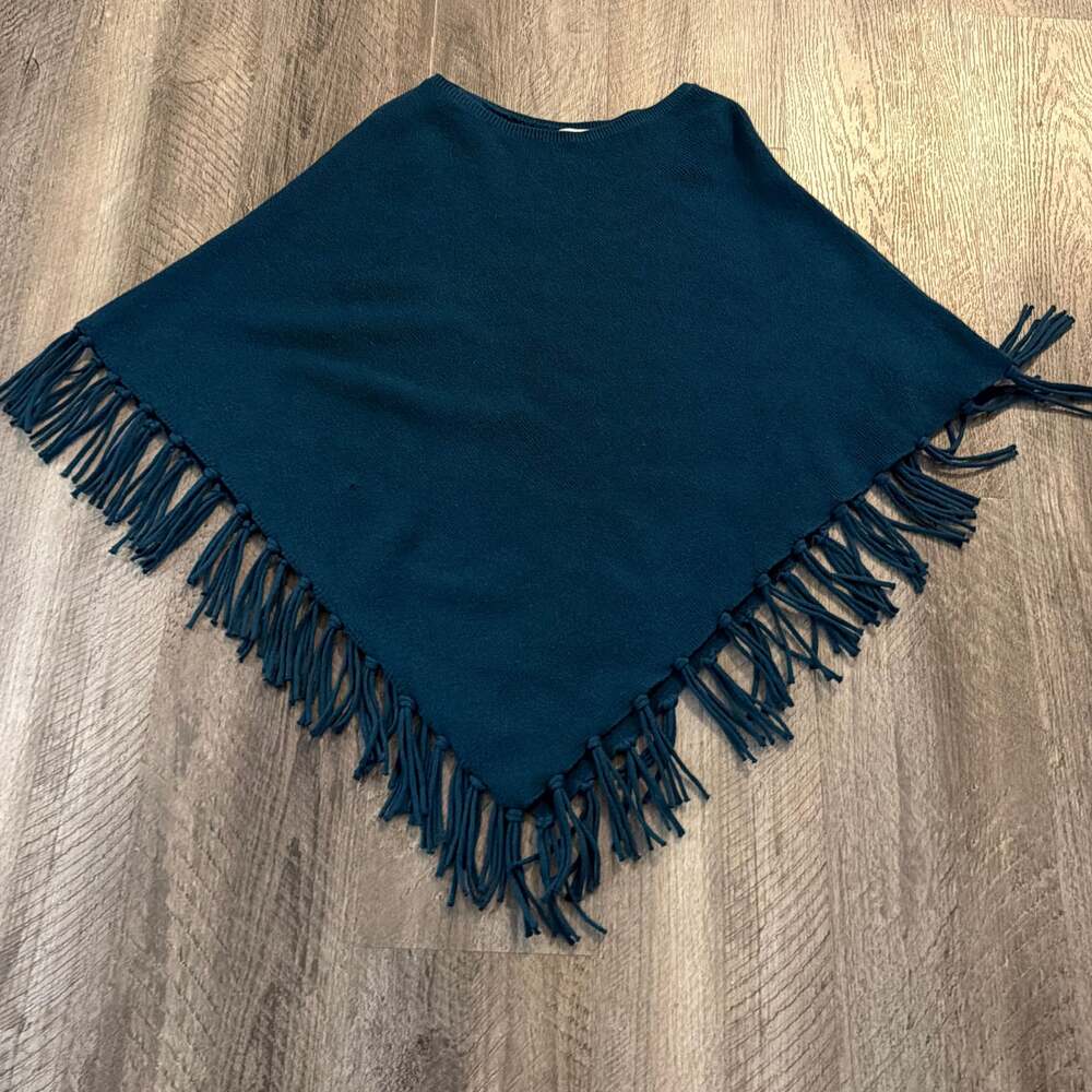 J. Jill Oceanside Teal Cotton Blend Fringe Poncho Size S-L Boho Minimalist